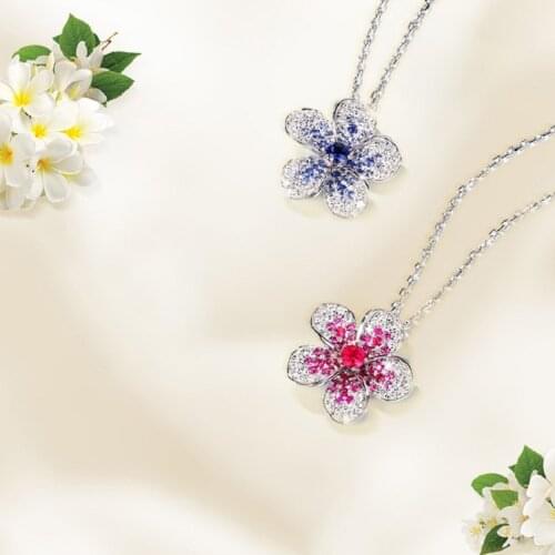 QTT Luxury 925 Sterling Silver Chain Necklace Cute Pink Flower Crystal Pendant Necklace Wedding Jewelry for Women