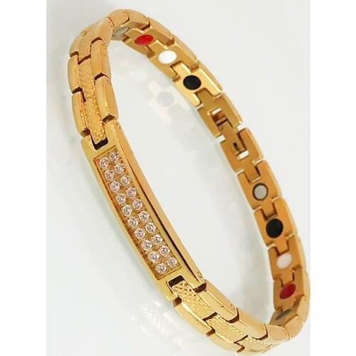 Womens Gold Color Elegant Stainless Steel Crystals Bracelets Female Health Care Magnetic Wrist Accessories Ladies Jewelry Gifts