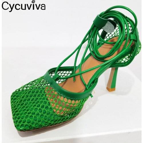 New Brand Women Sandals Network Mesh Ladies High Heel Shoes Square Toe Ankle Strap Summer Sandalias Sexy Green Party Shoes Women