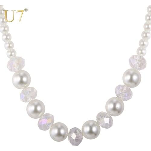 U7 European Necklace Simulated Pearl Jewelry Women 4 Color Round Pearl Bead Crystal Stone Pendant Necklace N508