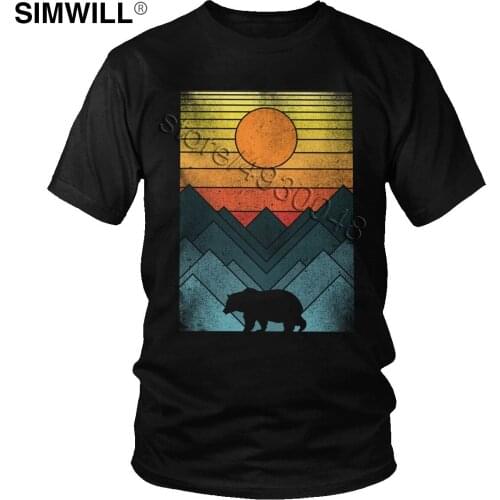 Vintage Wild Geometry Tee Mens Cute Short Sleeve Cotton Top Fashion Russian Bear Sunset T Shirt Graphic Print Tshirt Gift Idea