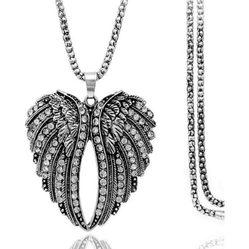 Vintage Silver Plated Angel Wings Charm Pendant Religious Amulet Crystal Necklace