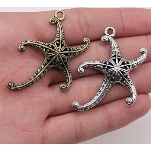 WYSIWYG 2pcs 45x43mm 3D Hollow Starfish Charm Fashion 3D Starfish Charm 3D Hollow Starfish Pendants Antique Silver Color