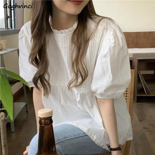 Lace Patchwork Women White Blouses Fungus Sweet Puff Sleeve Baggy Korean Style Temperament Streetwear Tops Ulzzang Sweet Girls