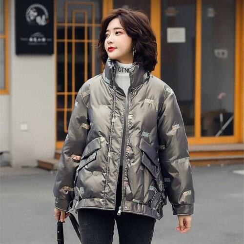 Womens Sequins Winter Jackets Solid Long Sleeve Stand Collar Ladies Loose Down Coat Zipper Pockets Puffer Coat for Female Nice