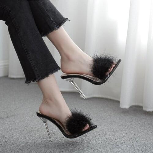 2021 New sexy PVC transparent open toe black furry slippers women clear perspex crystal high heels women shoes ladies sandals