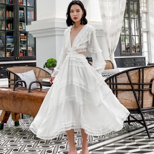 2021 Summer European Design Vintage White Boho High Waist Empire Lace Dress Luxury Backless Party Dresses Women Evening Elegant