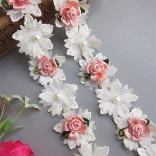 12X White and Pink Pearl Rose Flower Embroidered Lace Trim Ribbon Fabric Handmade Sewing Craft For Costume Hat Shoes Decor 4.5CM