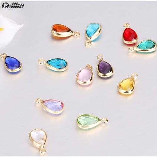 14mmx7.5mm 10pcs Colorful Crystal Birthstone Charms Gold Plated Teardrop Glass Charm Pendant For Jewelry Making Diy Accessories