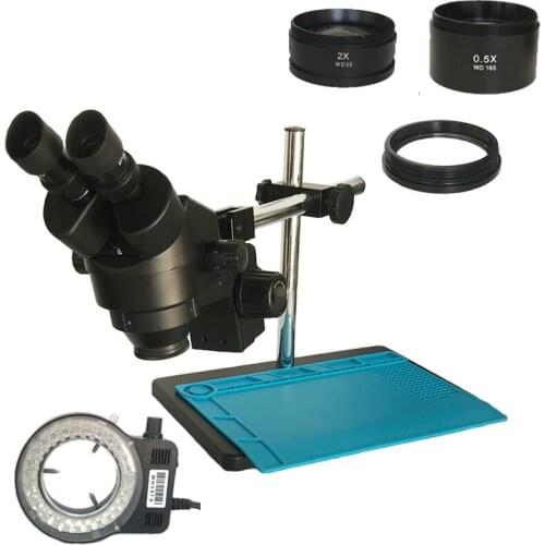360 Adjustable Arm Support Binocular Stereo Microscope Industrial Microscopio With 0.5X 2X Auxiliary Objective Lens Led Lamp Kit