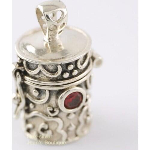 925 Sterling Silver Retro Red Crystal Prayer Box Charm Pendant Locket - no chain A2101