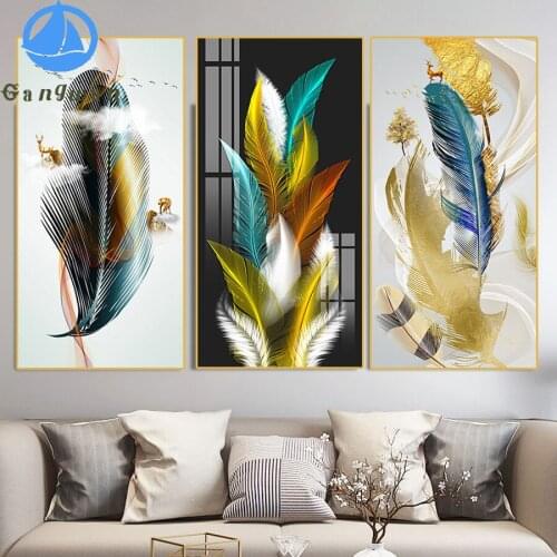 Large 5D Diy Daimond Painting Nordic Golden Plant Leaf Feather 3D Diamond Mosaic Kit Full Rhinestone Embroidery Diamant wall art