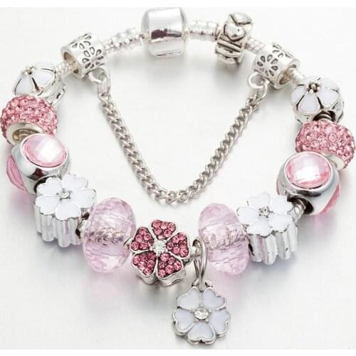 ANNAPAER New Fashion Pink Charms Bracelet & Bangles With Flower Pendant Bracelet for Women Diy Girl Jewelry Fit Wedding B18021
