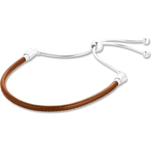 Authentic 925 Sterling Silver Sliding Golden Tan Leather Bracelet Original Jewelry DIY Bangles Bracelets for Women