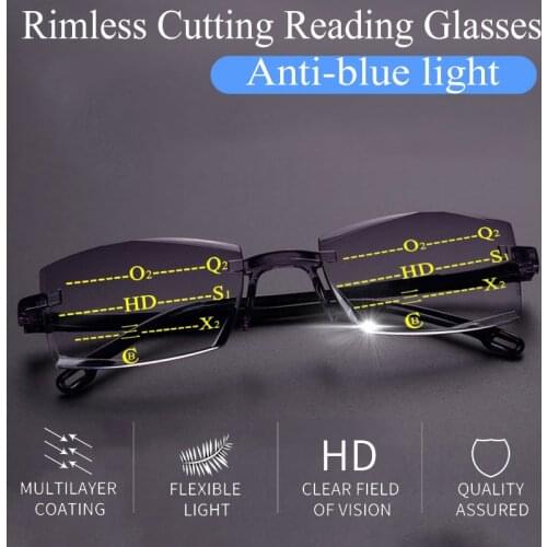 Rimless Cutting Progressive Bifocal Reading Glasses Women Men Anti-blue light Ultra-light Multifocal Presbyopia Eyeglasses 1.5