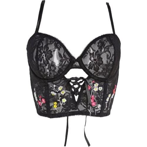Black Classic Womens Bustier Transparent Corset Spaghetti Strap Embroidery Floral Bra Sexy Hollow Out Sweet Cropped Top SH034