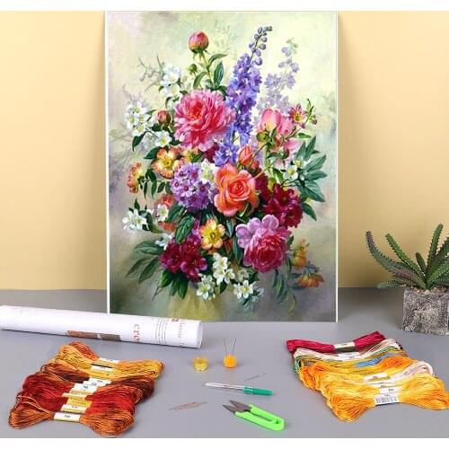 Flower Vase Printed Fabric 11CT Cross Stitch DIY Embroidery Full Kit DMC Threads Needlework Painting Hobby Knitting Package
