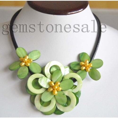 Green Shell gold cultured Pearl Flower pendant Designer women Necklace Free shipping