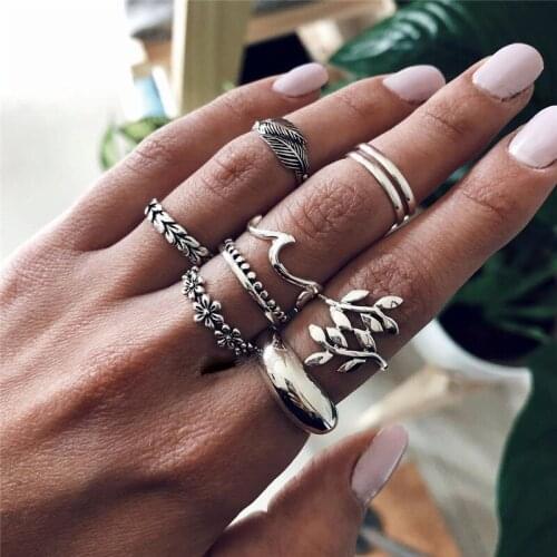 Doocna 9pcs/set Vintage Tree Branch Flowers Joint Rings for Women Fashion Twist Geometry Metal Finger Ring Set Jewelry 14549
