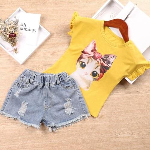 Dulce Amor Kids Clothes Set For Girls Summer Cartoon Cat T-shirt+Ripped Hole Denim Shorts Children 2pcs Outfits Girls Clothing