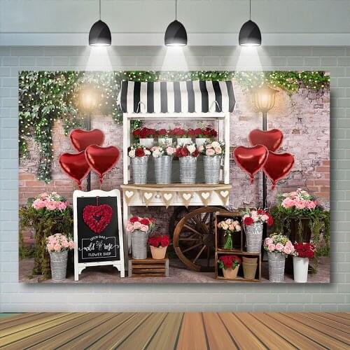 Kids Valentine Background Red Balloon Rose shop Birthday Family Party Background Brick Walls Props Photography Photostudio