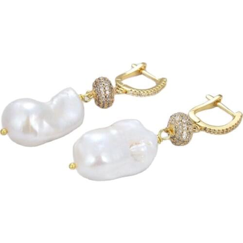 GG Jewelry Natural Pearl Cultured White Keshi Pearl CZ Paved Dangle Hook Earrings trendy style for women