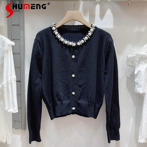 2021 Early Autumn Women New Elegant Beaded Knitted Cardigan Ladies Fashion Beaded Round Neck Slim Fit Solid Long Sleeve Sweater