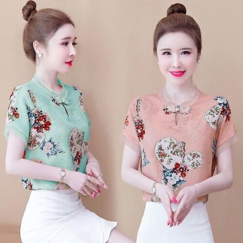 Fashion Women Chiffon Shirts Stand-Up Collar Short Sleeve Print Casual Tops Loose Elegant Blouses Mujer Blusas MM0716