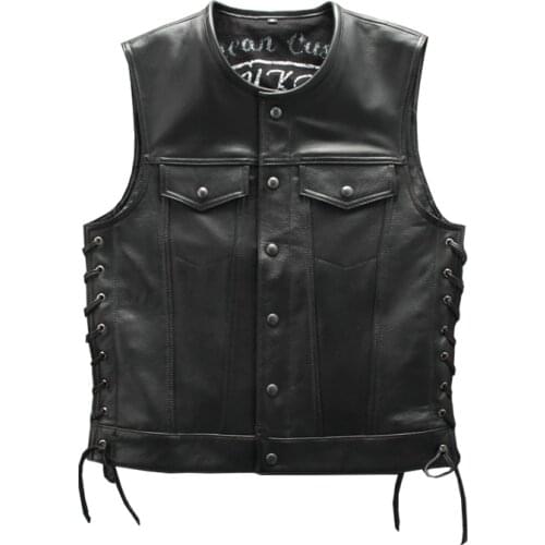 Mens Real Leather Collarless Motorcycle Vest Cowhide Genuine Leather Sleeveless Jackets Adjustable Rope