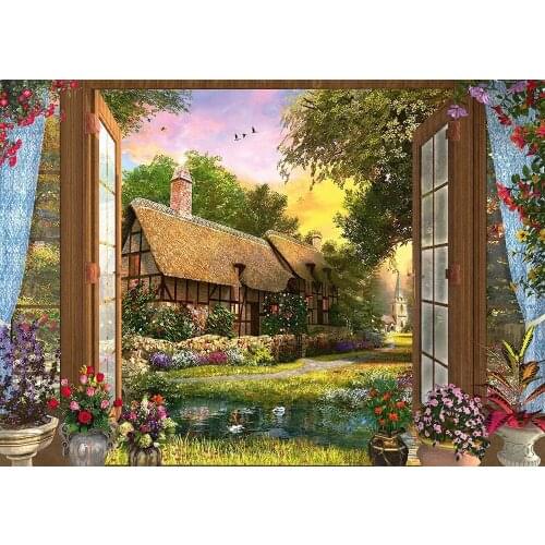Window cabin scenery garden Art Needlework 14CT Canvas Unprinted Handmade Embroidery Cross Stitch Kits DIY Home Decor