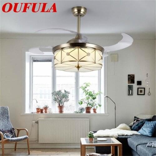 OUFULA Brass Ceiling Fan Lights With Invisible Fan Blade Remote Control Modern Creative Decorative For Home Office