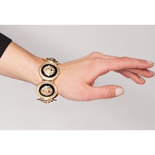 Punk Lion Head Embossment Black Epoxy Bracelet Scalability Elastic String Link Chain Animal Gold Color Jewelry Overstate Style