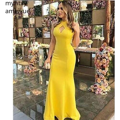 Simple 2021 Cheap Evening Dress Mermaidsheath Halter Backless Yellow Long Prom Dresses Evening Gown Custom Made Vestido De Noite