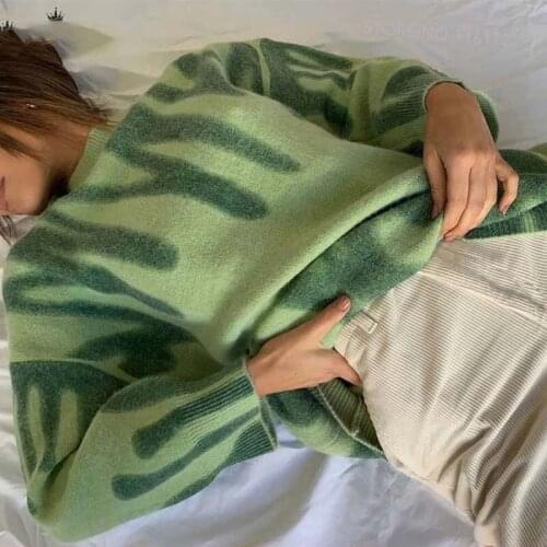 Elegant Green Striped Print Oversized Pullovers Women Winter O-Neck Loose Long Sweaters Streetwear Warm Outerwear 2021