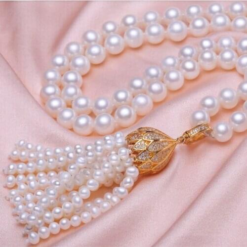 Real Natural Pearls Necklace With Crown Pendants Nearly Round 8-9 mm Sweater Chain 80cm Long Necklace Knotted Genuine Pearl