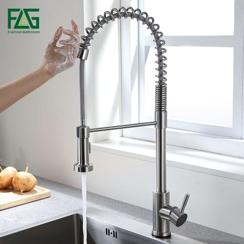 FLG Touch Control Kitchen Faucets Brushed Nickel Spring Style Smart Touch Faucet Pull Down Two Ways Water Outlet Mixer Tap