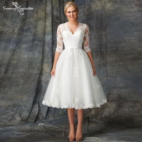Boho Wedding Dresses Short 2021 Lace Appliques Tea Length V-Neck 3/4 Long Sleeve A-Line Beach Bride Dress Vestido De Noiva