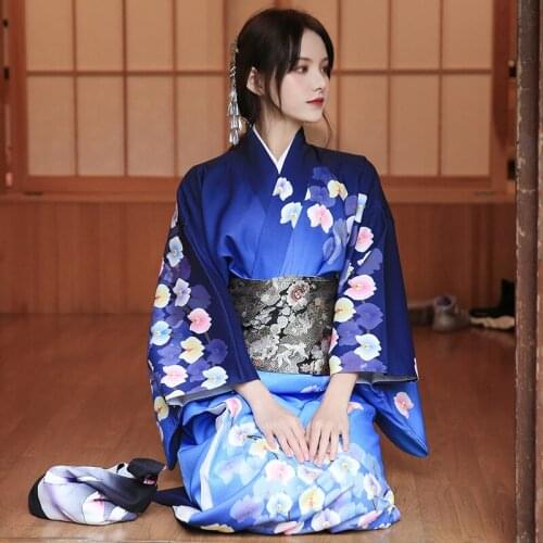 Japanese Girl Kimono Elegant Women Dark Blue Phalaenopsis Autumn Winter Thick Modified Formal Kimono Stage Wear Fashion National