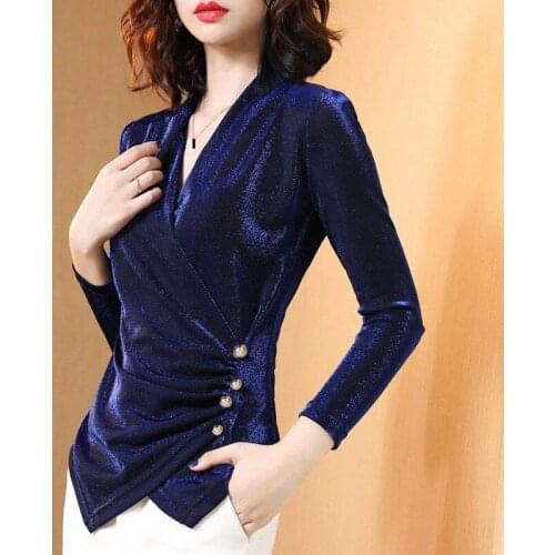 Spring Fall Women V Neck Sequined Wine Red Black Navy T Shirt Top , Winter Womens Thick Fleece Warm Glitters 4xl Shirts Tops