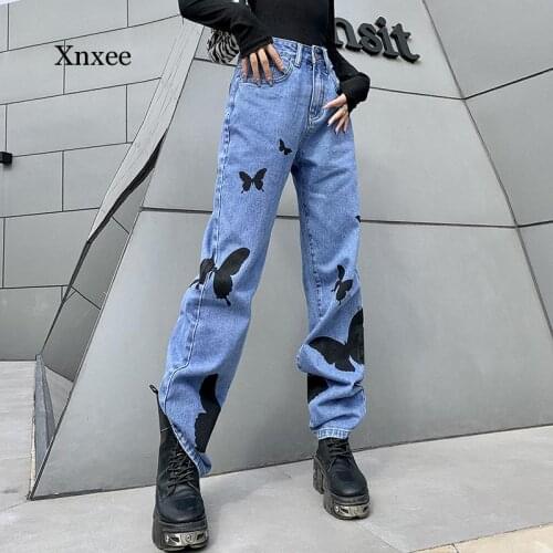 Butterfly Graphic Print Gothic Jeans Egirl Wide Leg Punk High Waist Women Loose Pants Hip Hop Fashion Y2K Streetwear Trousers