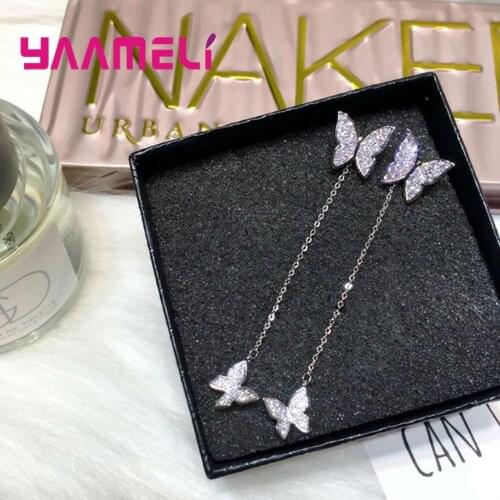 Solid 925 Silver Earring Cute Full Rhinestone Cubic Zircon Inlay Paved Butterfly Thread Pendientes Jewelry for Female Femme Gift