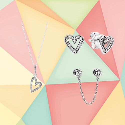 Kakany 2020 High Quality 925 Sterling Silver Sparkling Hand-painted Heart-shaped Pin Earrings Necklace Set Ladies Jewelry Gift