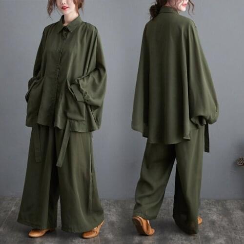 Large Size Ladies Suit 2021 Summer New Chiffon Long-sleeved Shirt Top Wide-leg Pants Solid Color Casual Loose Womens Clothing