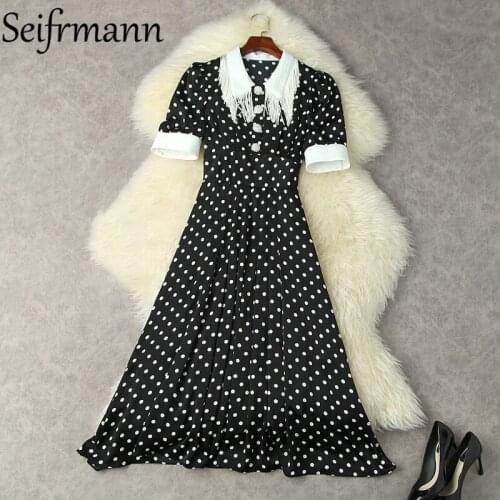 Seifrmann New 2021 Summer Women Fashion Runway Party Long Dress Short Sleeve Tassel Dot Print Big Swing A-Line Dresses Vestidos