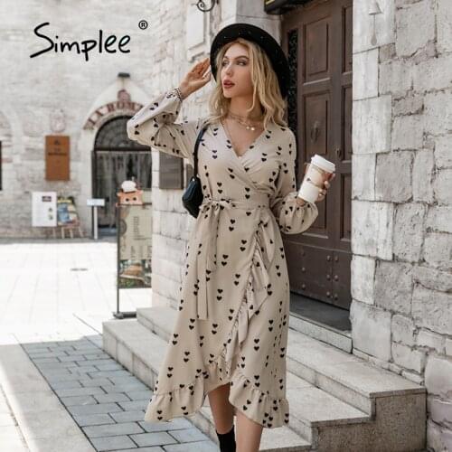 Simplee Heart ruffled v-neck lantern sleeves A-line dress women autumn Holiday lace up wrap maxi dresses Female split vestidos