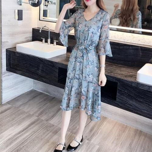 Loose Floral Dress Womens 2020 Summer New Lotus Leaf Short Sleeve Chiffon Printed V-neck A-line Dress Lace Up Vestidos R250