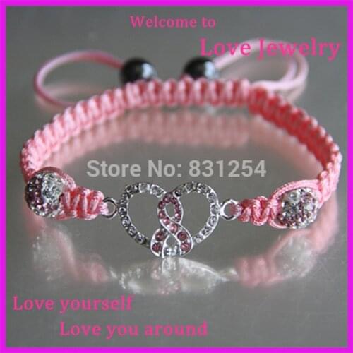 1pc Fashion Pink Ribbon Love Braiding Bracelet Rhinestone Bead Breast Cancer Symbol Power Macrame Bracelet Jewelry for Women