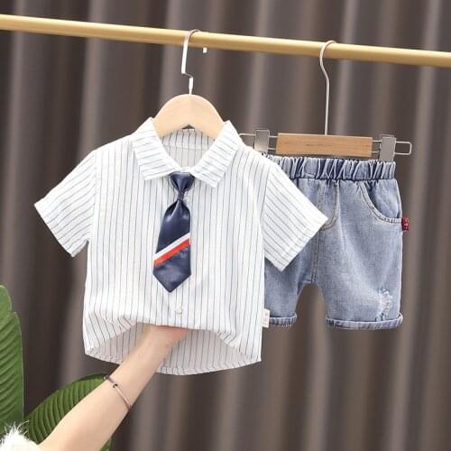 2021 summer clothing kids striped short sleeve T shirt +jean shorts 2 pcs suit gentleman baby Boys clothes for children