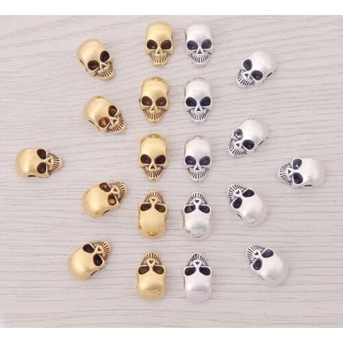50 x Antique Gold Tone Skull Heads Spacer Beads Metal Alloy Charms For DIY Fashion Bracelet Jewelry Making Findings
