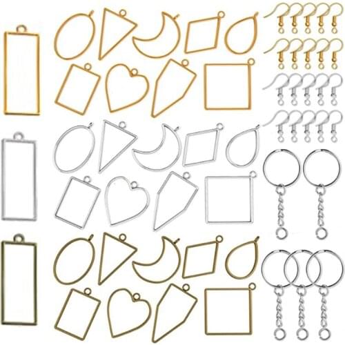 55 Pcs UV Epoxy Hollow Frames Resin Craft Open Bezels Pendants with Keychain Rings and Earring Hooks for Jewelry Making